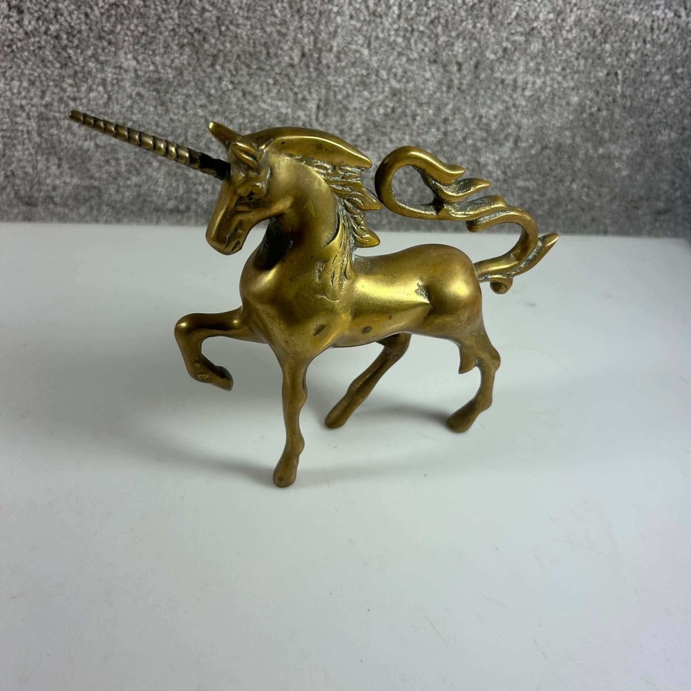 Vintage Brass Unicorn Figurine Gold Prancing Mythical Statue